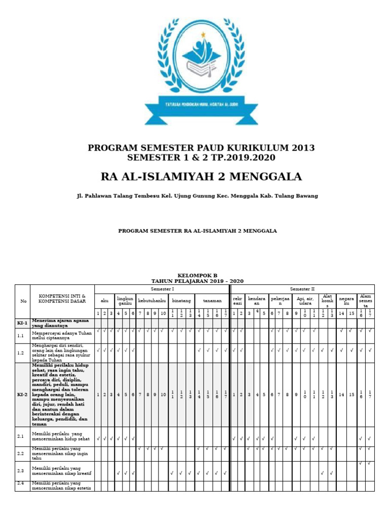 Program Semester PAUD 2019-2020 RA Al-Islamiyah | PDF