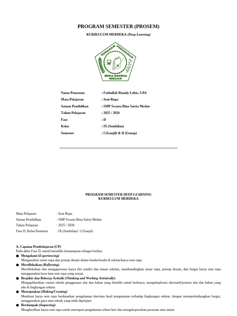 Prosem Seni Rupa Kelas 9 Kurikulum Merdeka | PDF
