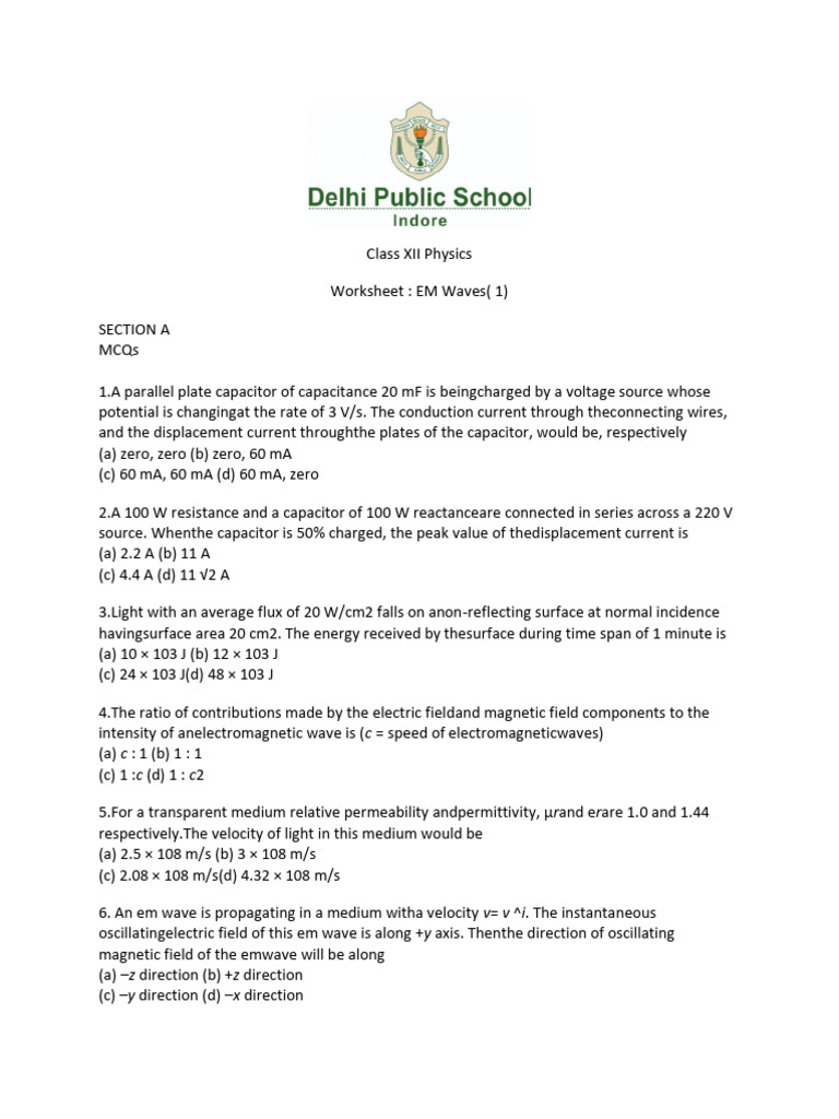 Class XII Physics EM Waves Worksheet | PDF | Electromagnetic Radiation ...