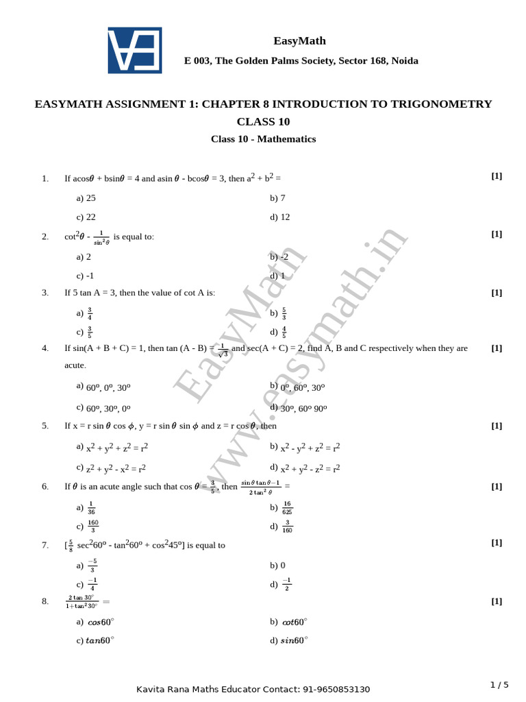 Class 10 Trigonometry Assignment | PDF | Trigonometric Functions ...