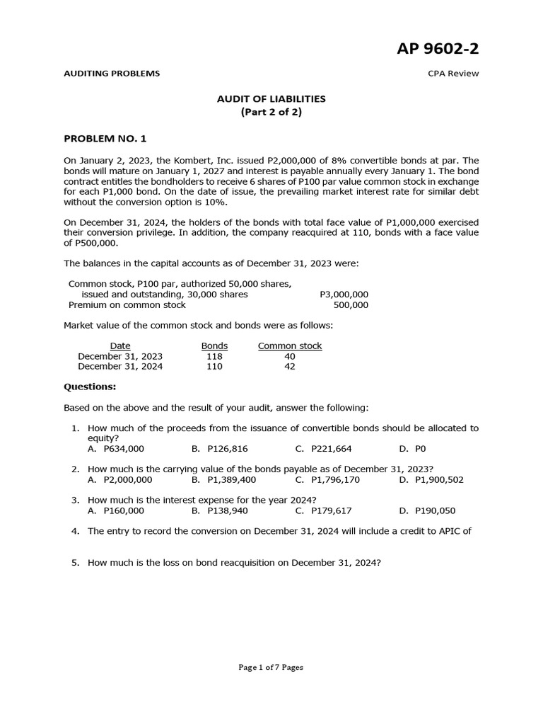 Auditing Liabilities: CPA Review Problems | PDF | Accounts Payable ...