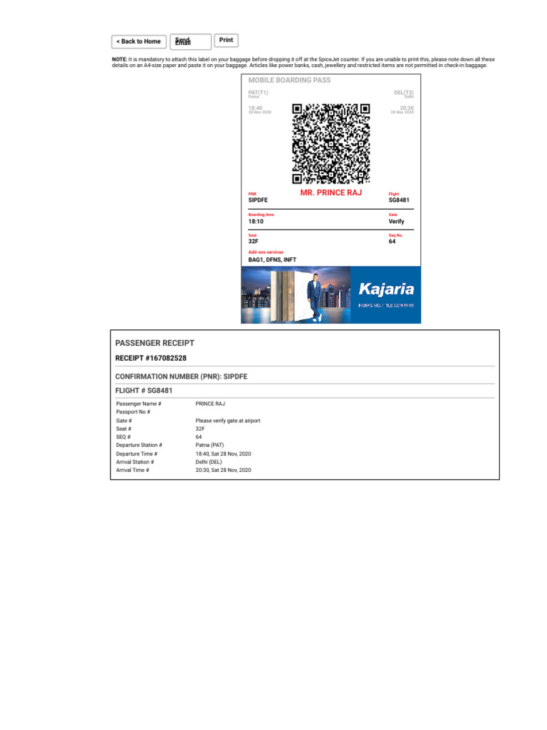 SpiceJet Flight SG8481 Boarding Pass | PDF