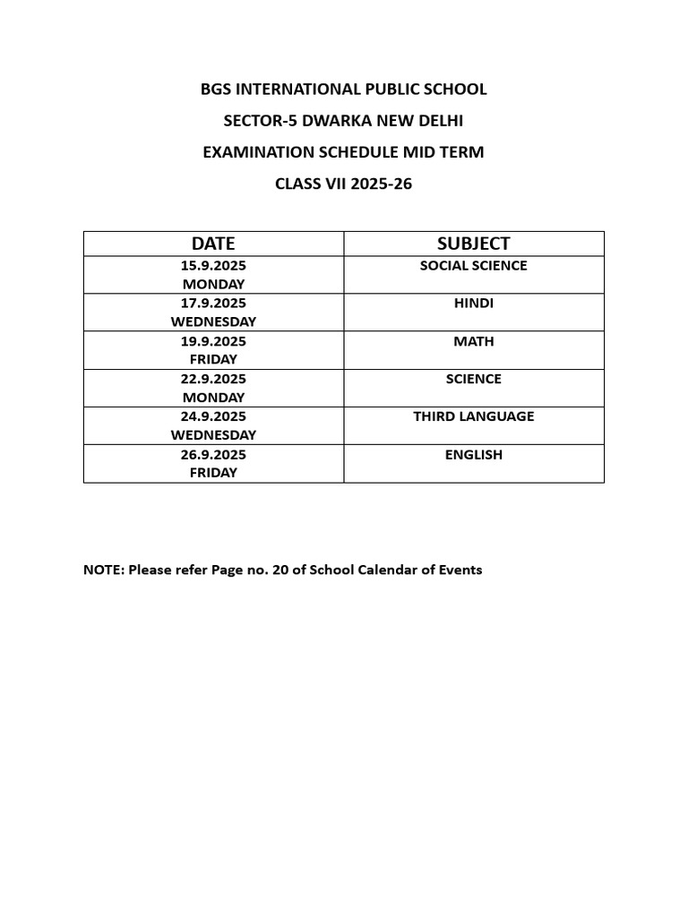 Class 7 Mid Term Exam Schedule 2025-26 | PDF