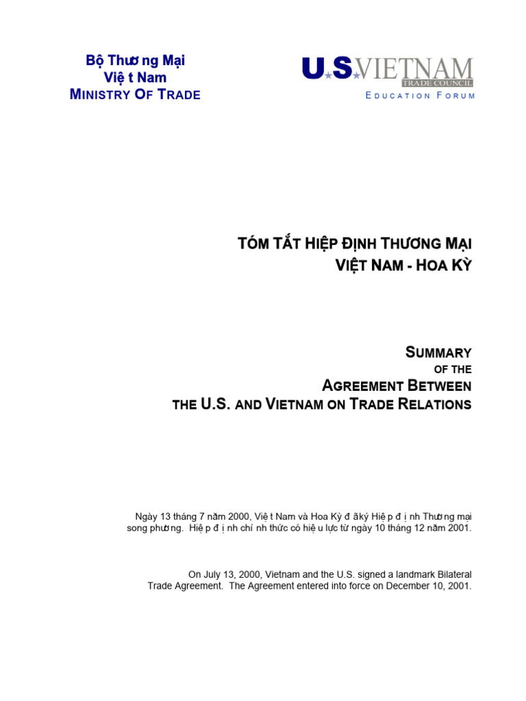 U.S.-Vietnam Trade Agreement Summary | PDF | Most Favoured Nation ...