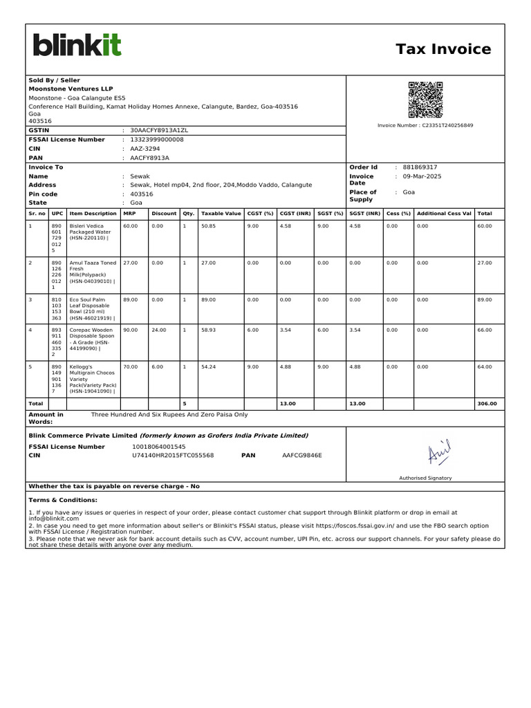Invoice for Kellogg's Chocos Purchase | PDF