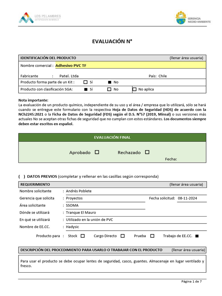 Formulario Ingreso de Productos Químicos (F-MA-020) Pegamento PVC | PDF ...