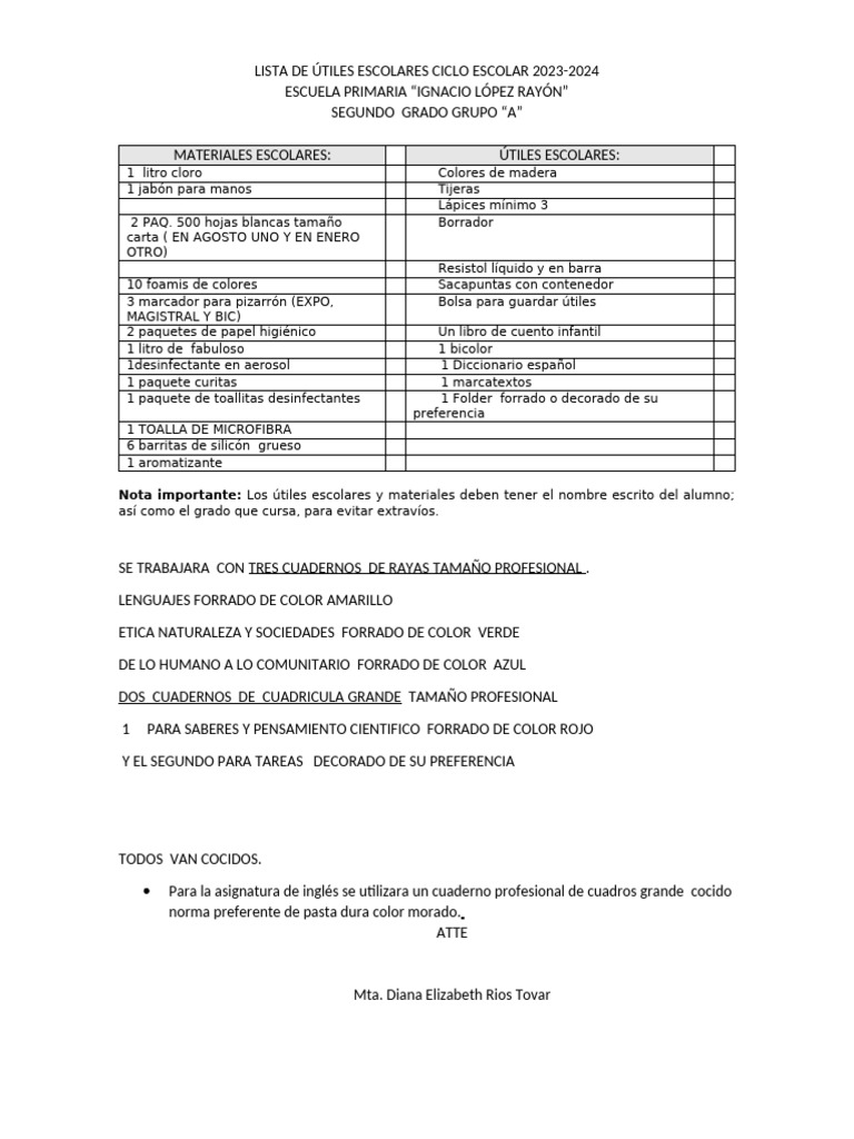 Lista de Utiles de Segundo Grado 2022 - 2023 (Autoguardado) | PDF
