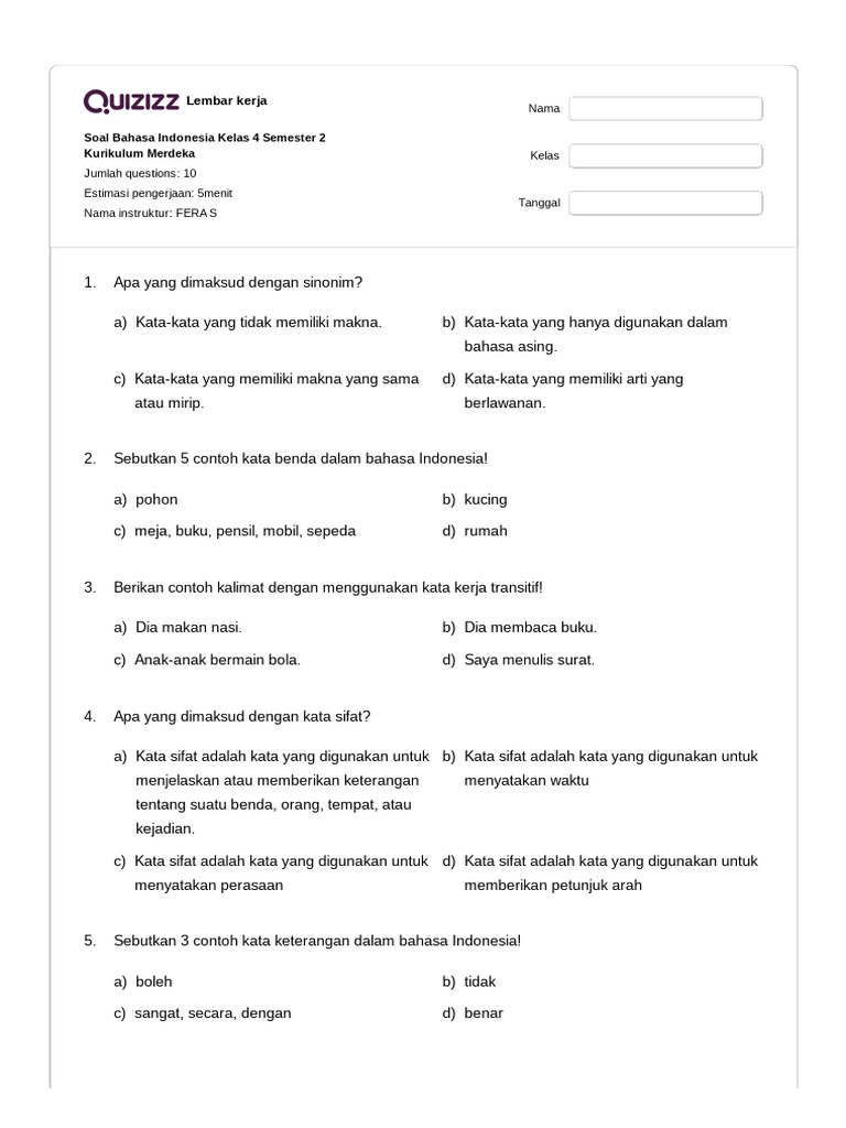 Soal Bahasa Indonesia Kelas 4 Semester 2 | PDF