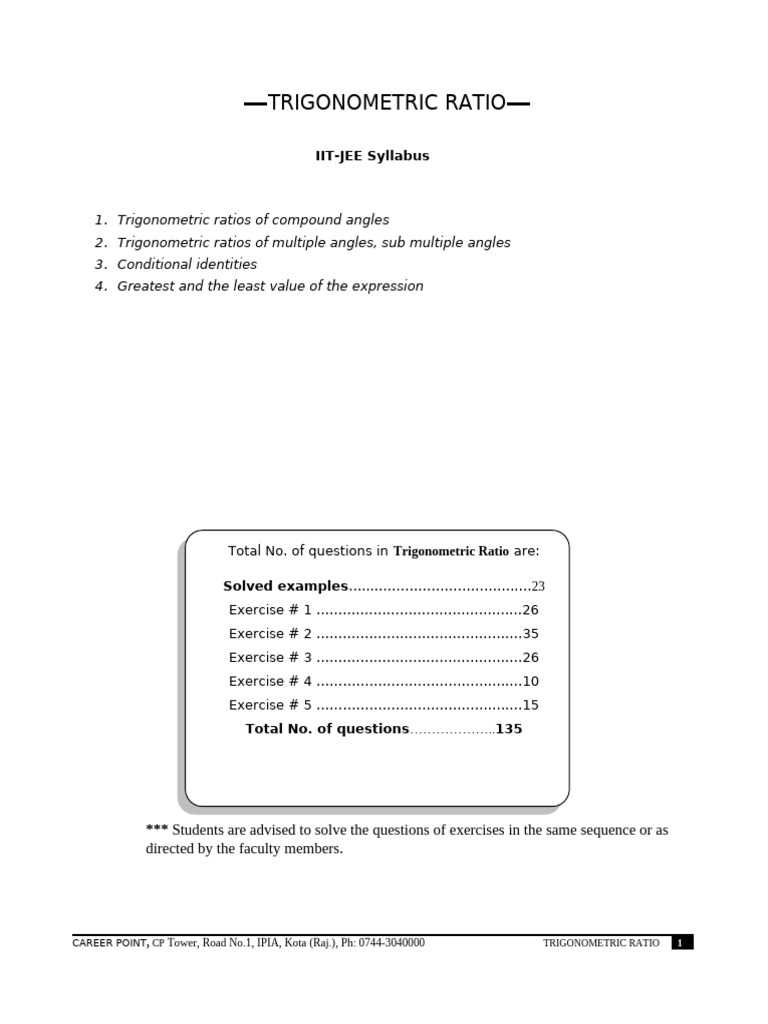 Trigonometric Ratios for IIT-JEE | PDF | Trigonometric Functions | Angle