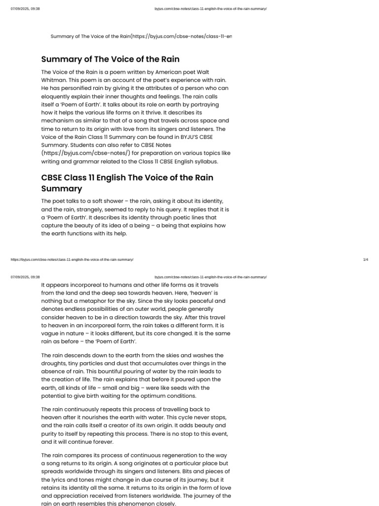 Summary of The Voice of the Rain PDF Poetry