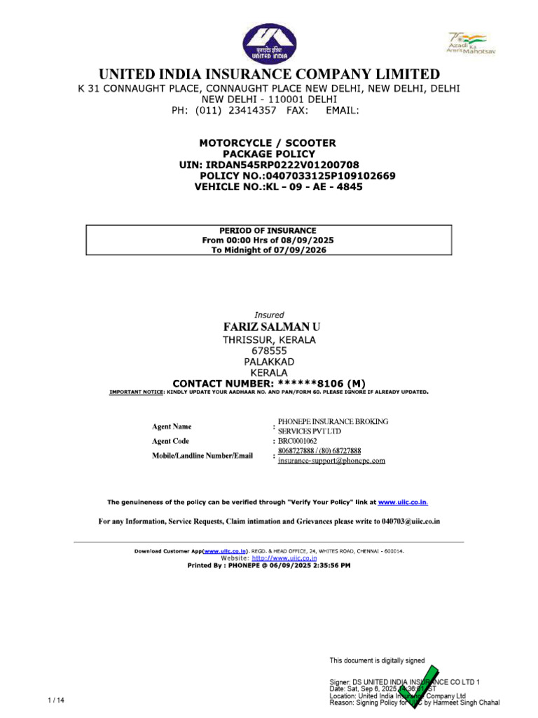 UIIC Policy Signing Document | PDF