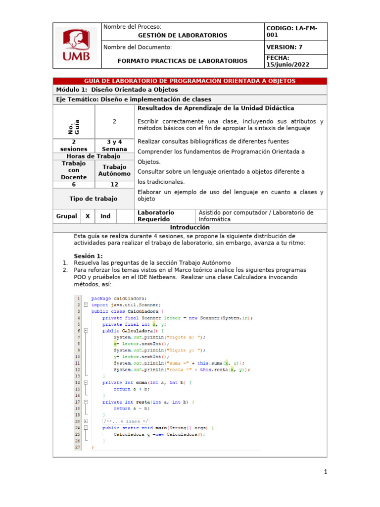 Guía de Laboratorio POO: Clases y Métodos | PDF | Objeto (informática ...