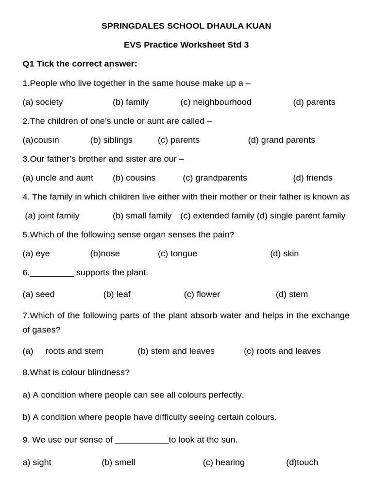 EVS Practice Worksheet STD 3 | PDF | Branches Of Botany | Plant Morphology