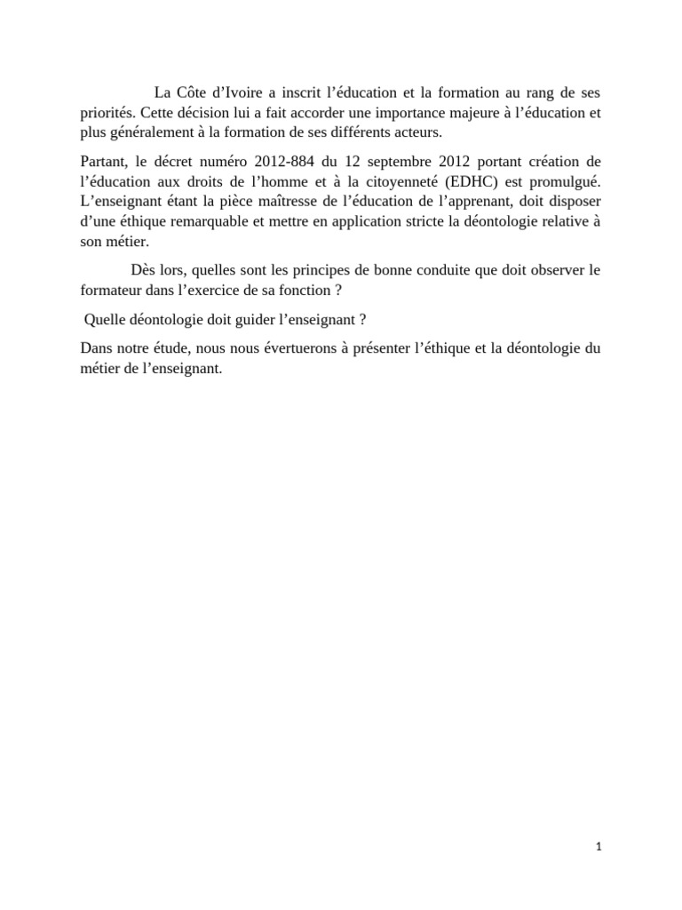 Éthique et déontologie des enseignants en Côte d'Ivoire | PDF ...