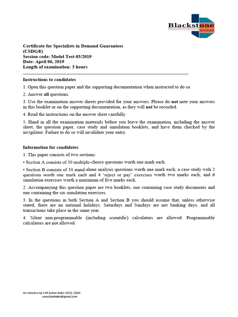 CSDG® Exam Instructions and Questions | PDF | Letter Of Credit | Guarantee