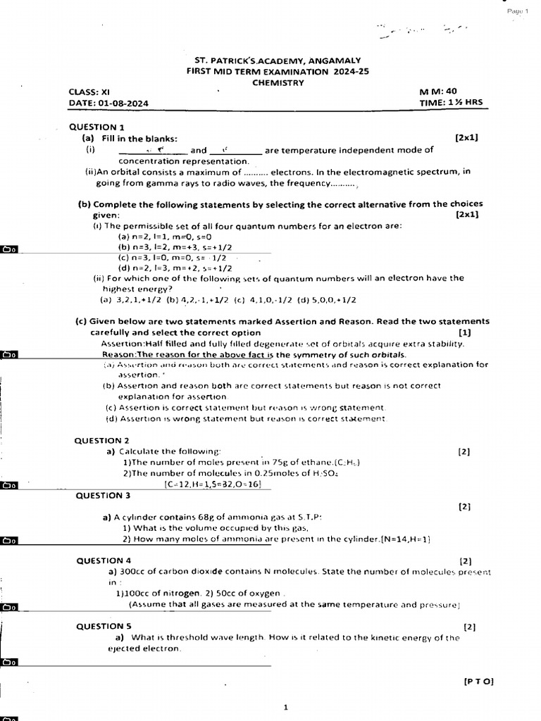 Chemistry Mid Term Exam 2024-25 | PDF | Atomic Orbital | Electron