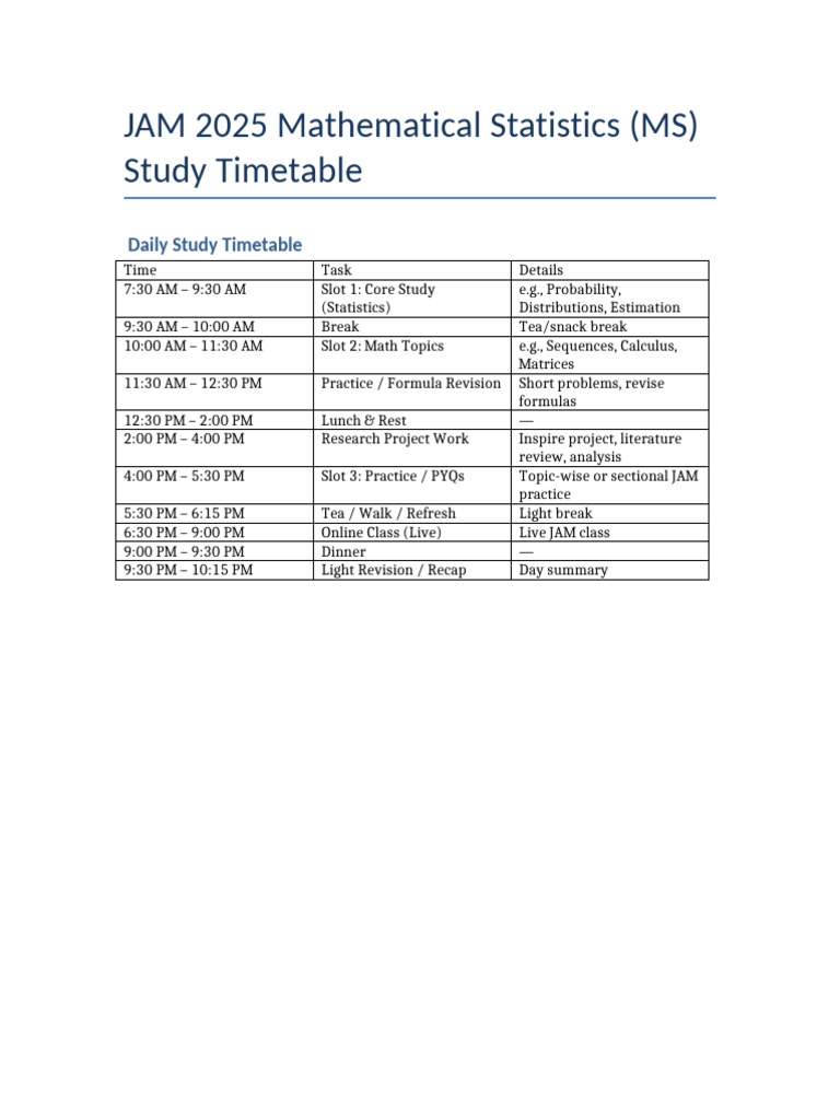 JAM 2025 MS Study Timetable Guide | PDF | Matrix (Mathematics) | Statistics