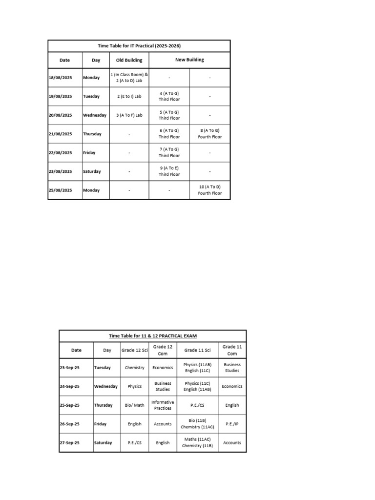 IT Practical Exam Timetable 2025-2026 | PDF