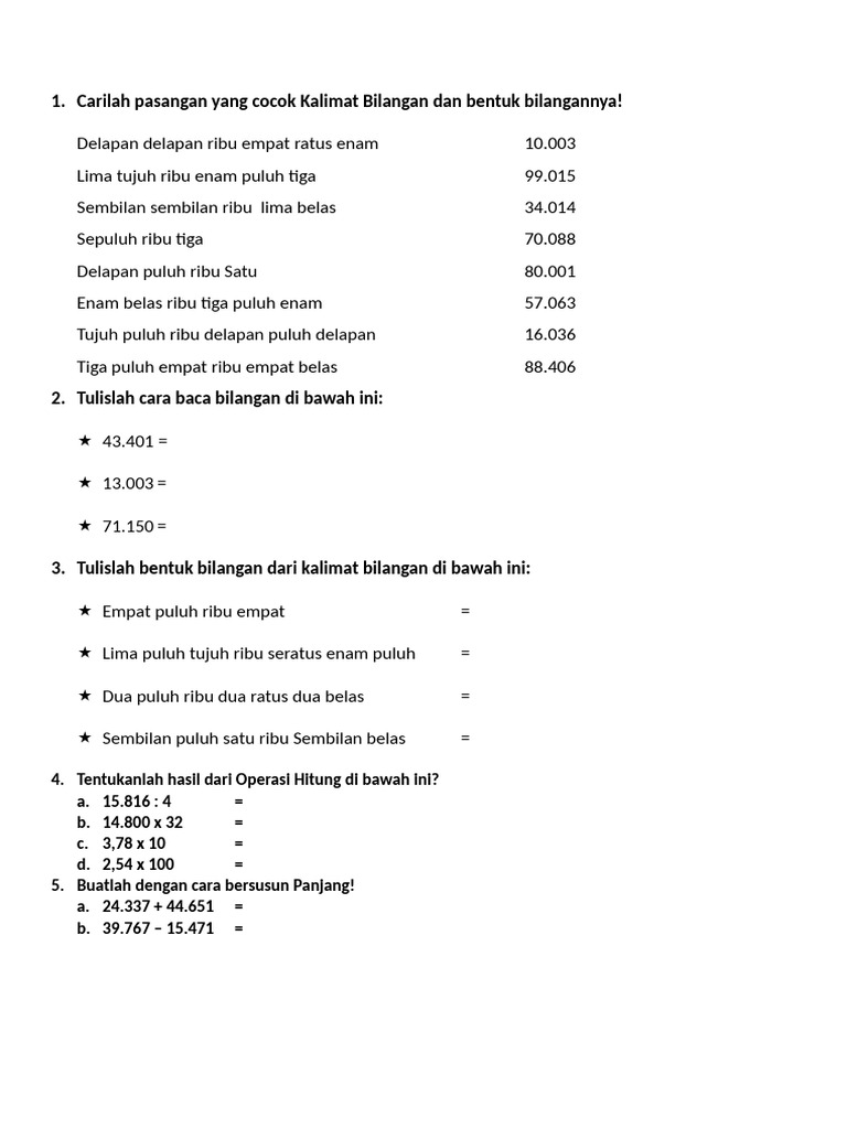 Soal Bilangan Cacah Kelas 4 Matematika | PDF