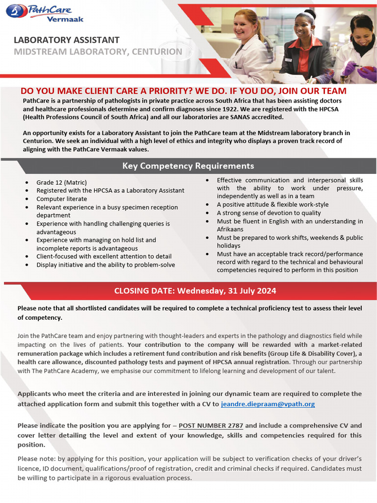Laboratory Assistant Position at PathCare | PDF | Employment