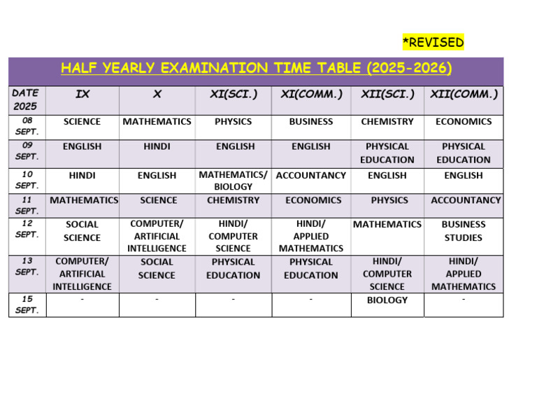 2025-2026 Half Yearly Exam Timetable | PDF