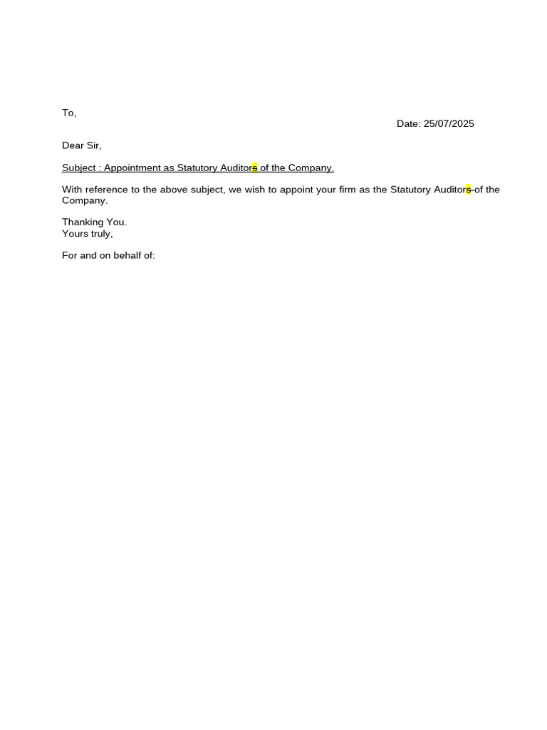Appointment of Statutory Auditor | PDF