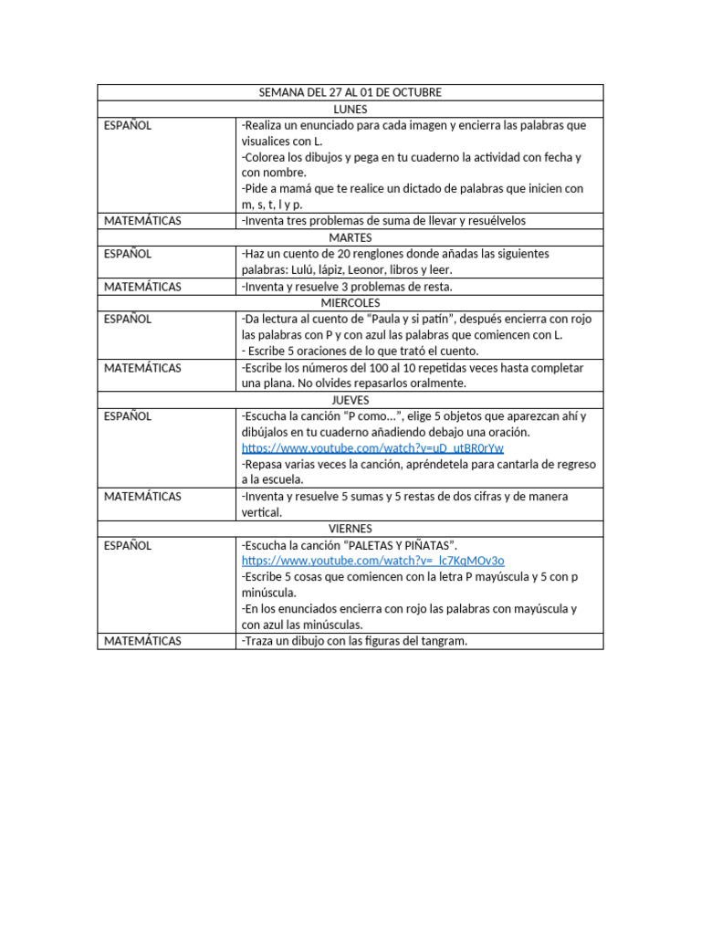 Actividades escolares del 27 de septiembre al 1 de octubre | PDF