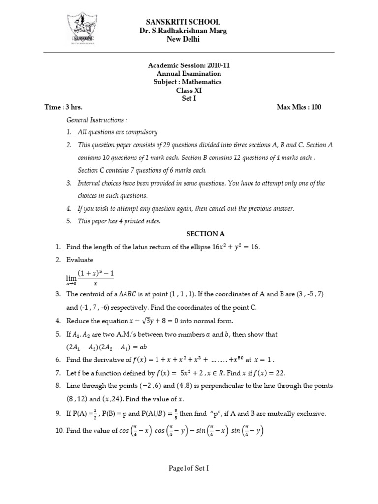 Class XI Mathematics Exam Paper 2010-11 | PDF | Mathematics | Euclidean ...