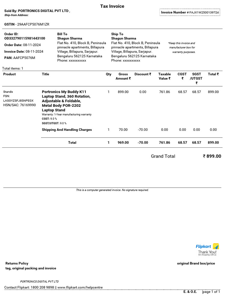 Portronics K11 Laptop Stand Invoice | PDF | Taxes | Government Finances