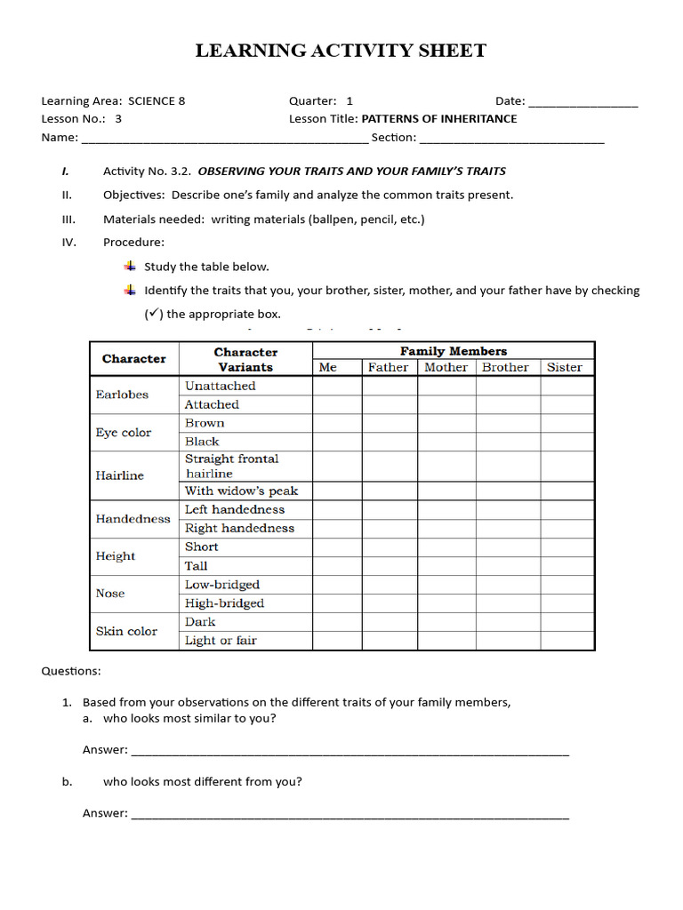 Family Traits Observation Activity | PDF