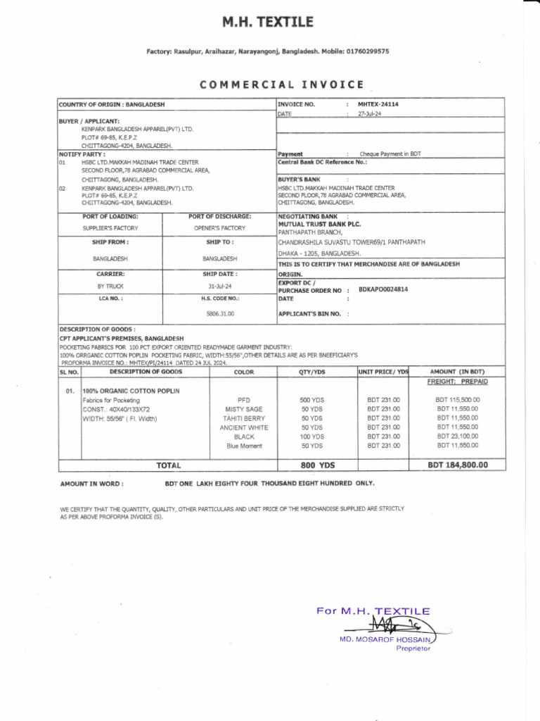 Commercial Invoice for Organic Cotton Fabrics | PDF | Production And ...