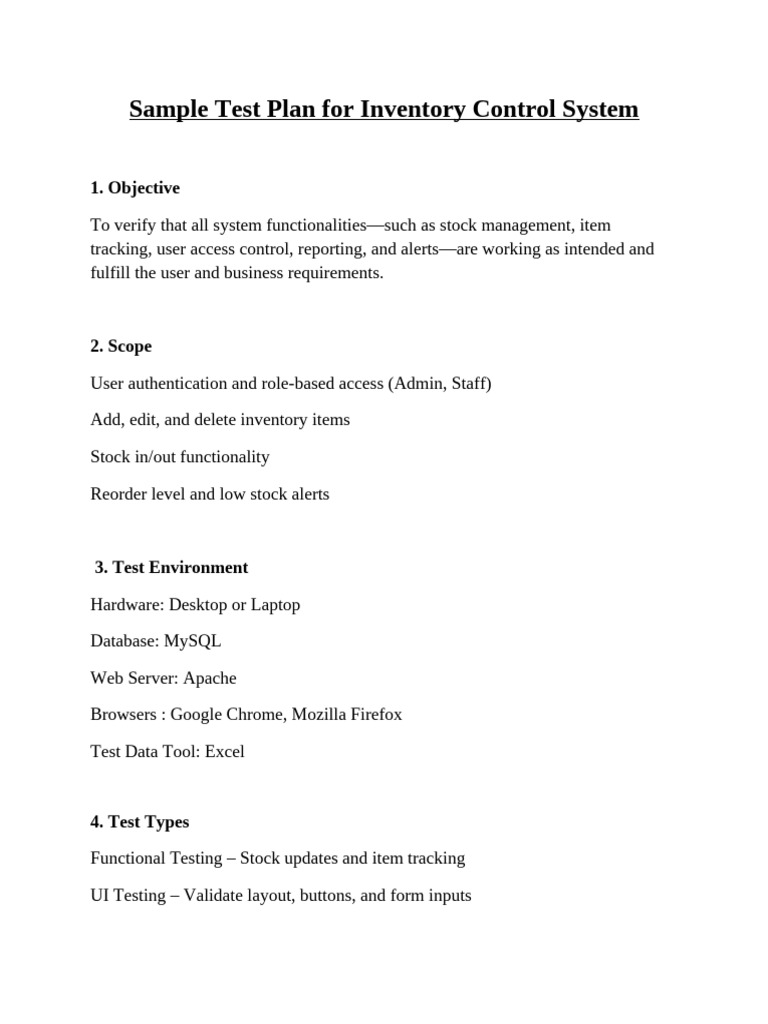Inventory Control System Test Plan | PDF | Login | Software Testing