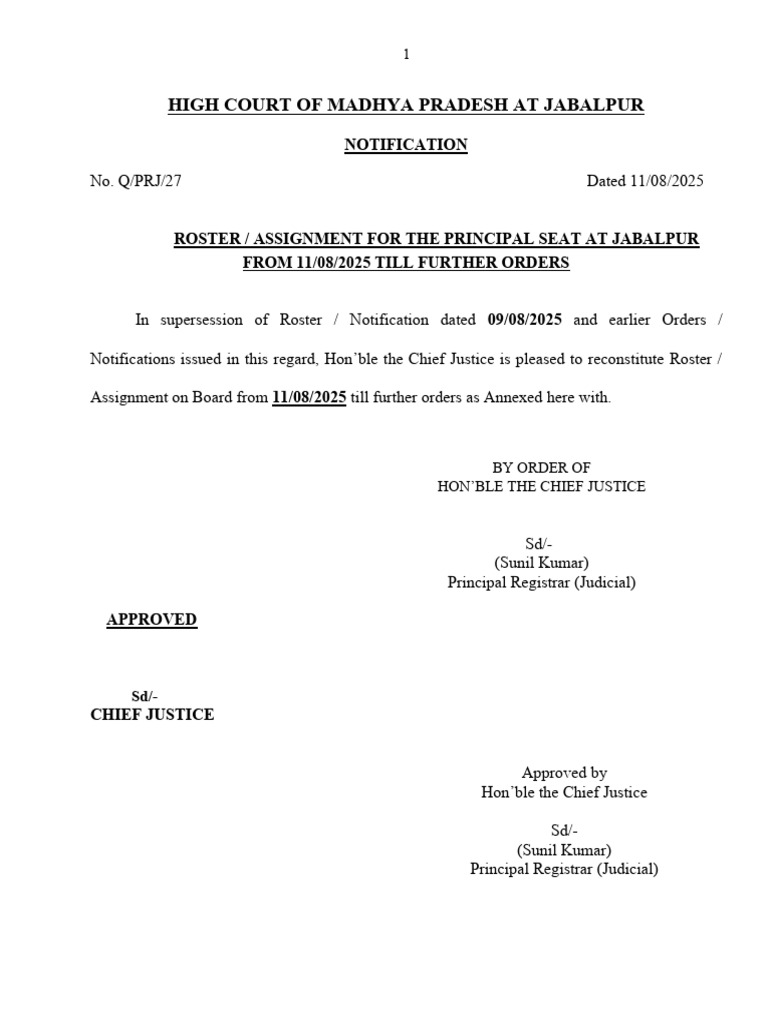 Jabalpur High Court Roster Notification | PDF | Jurisdiction | High ...