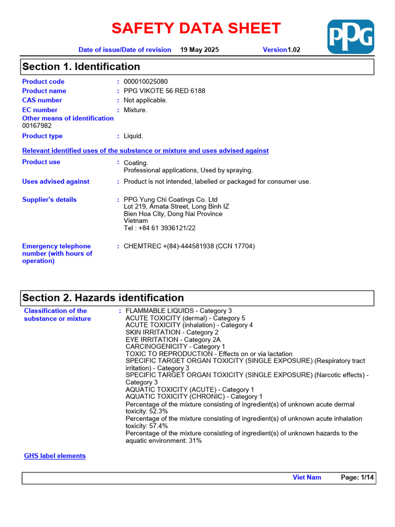 PPG Vikote 56 Red 6188 Safety Data Sheet | PDF | Dangerous Goods | Toxicity