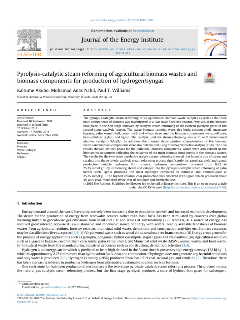 Pyrolysis Catalytic Steam Reforming of Agricultural Biomass Wastes and ...