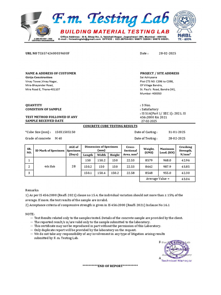 Concrete Cube Testing Report M40 | PDF