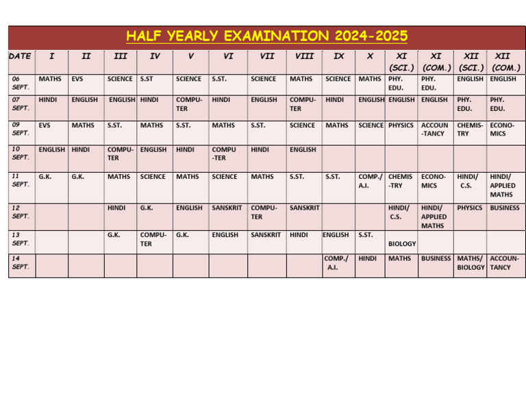 Half Yearly Time Table 2024-2025 | PDF