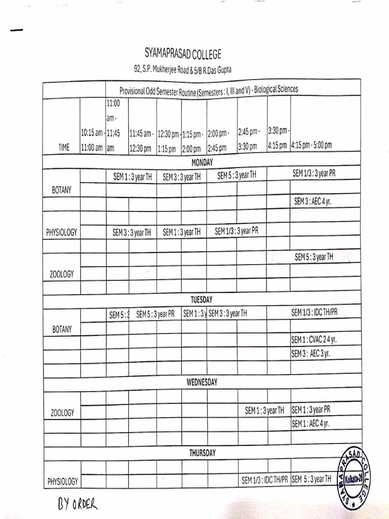 Provisional Class Routine 2025 - Syamaprasad College | PDF ...