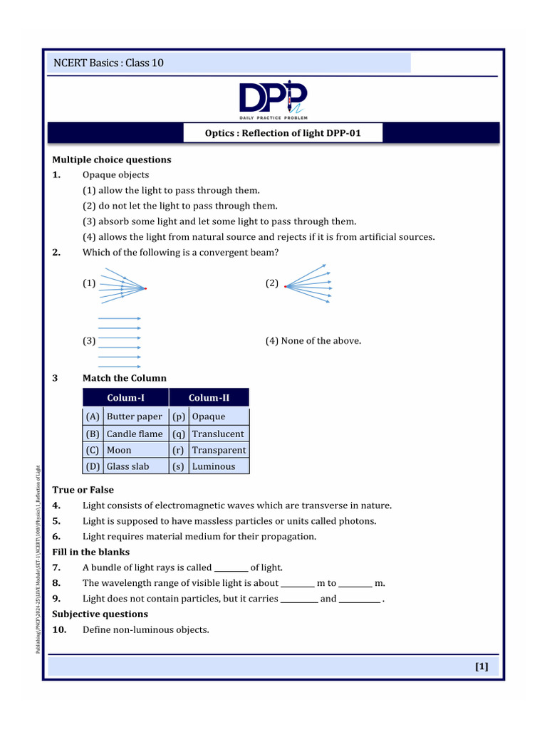 DPP - 01 Reflection of Light | PDF