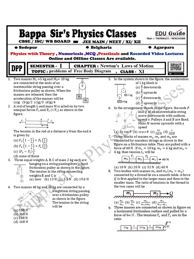 Physics Problems on Mass and Pulley Systems | PDF | Tension (Physics ...