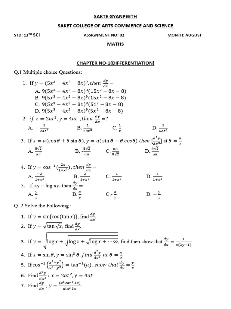 Differentiation Assignment for 12th Science | PDF | Sphere | Area