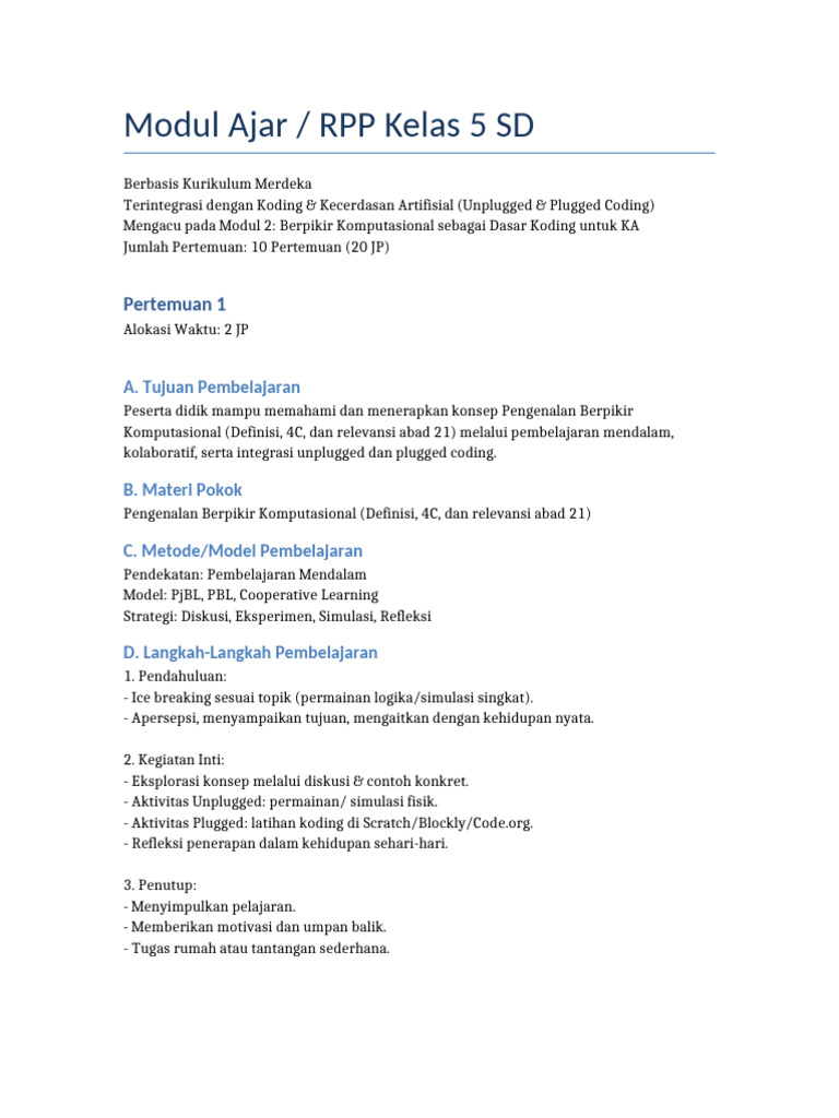 RPP Kelas 5: Koding & AI Unplugged | PDF