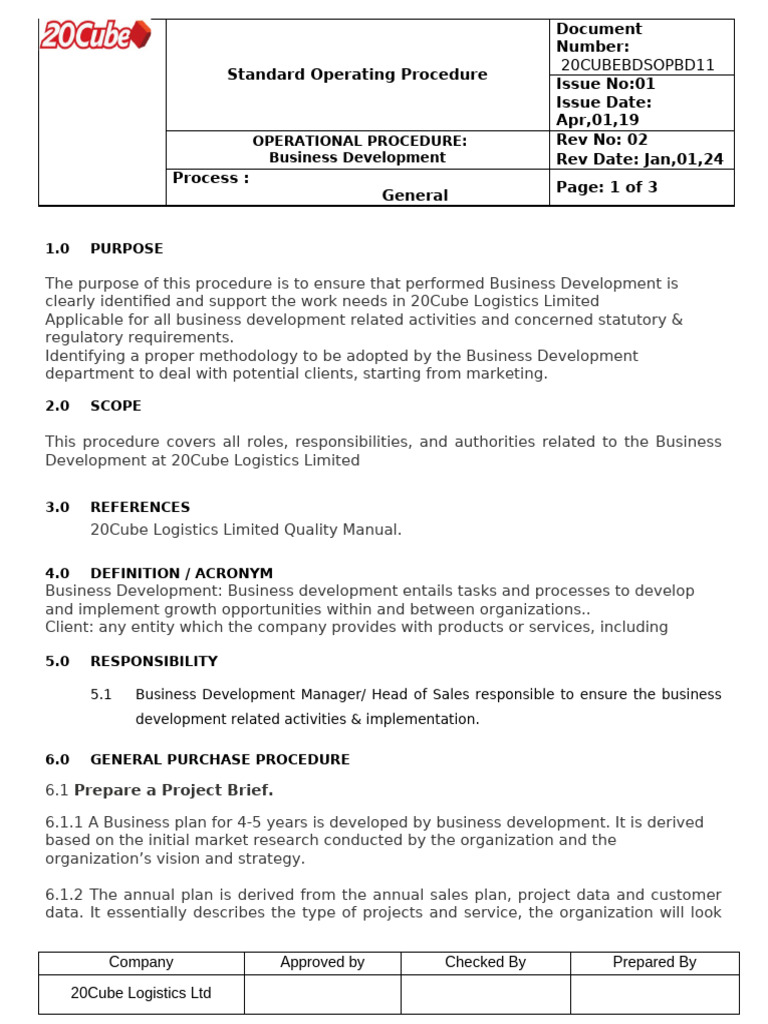 Business Development SOP for 20Cube | PDF | Business Development ...