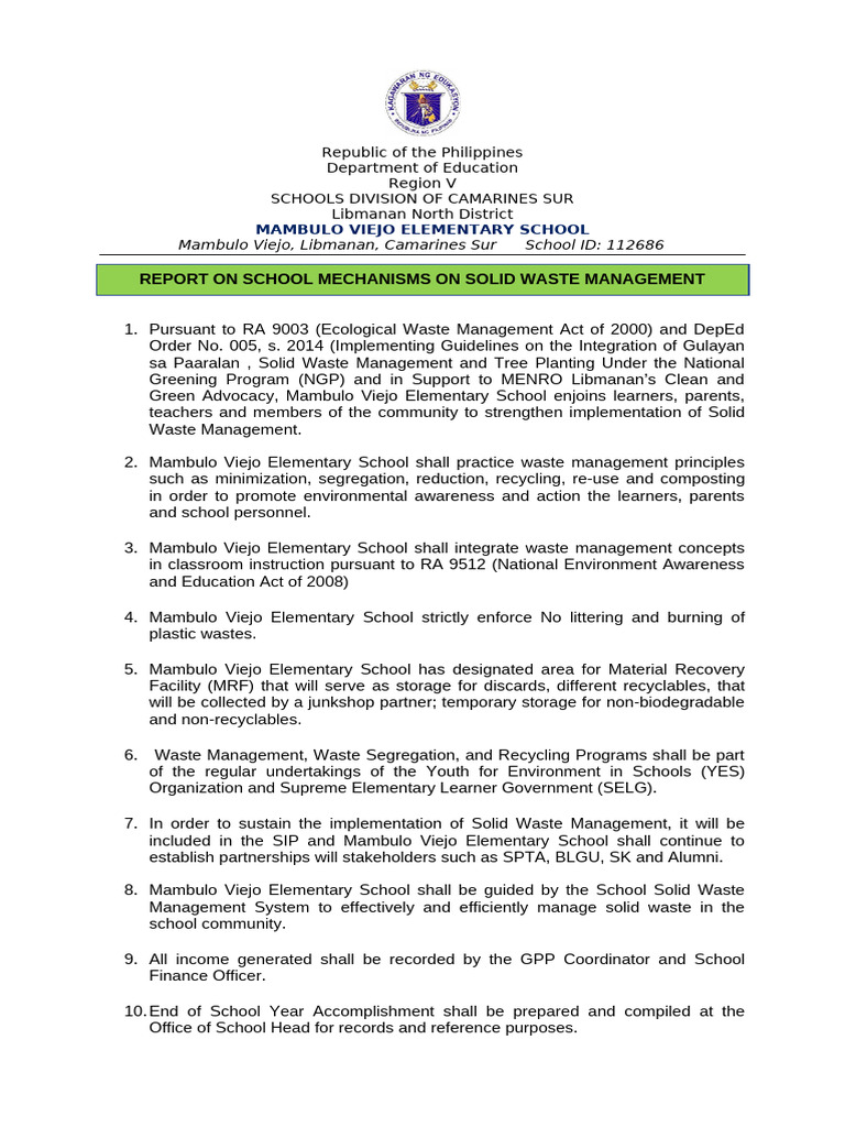 MVES Solid Waste Management Report | PDF | Waste Management | Waste
