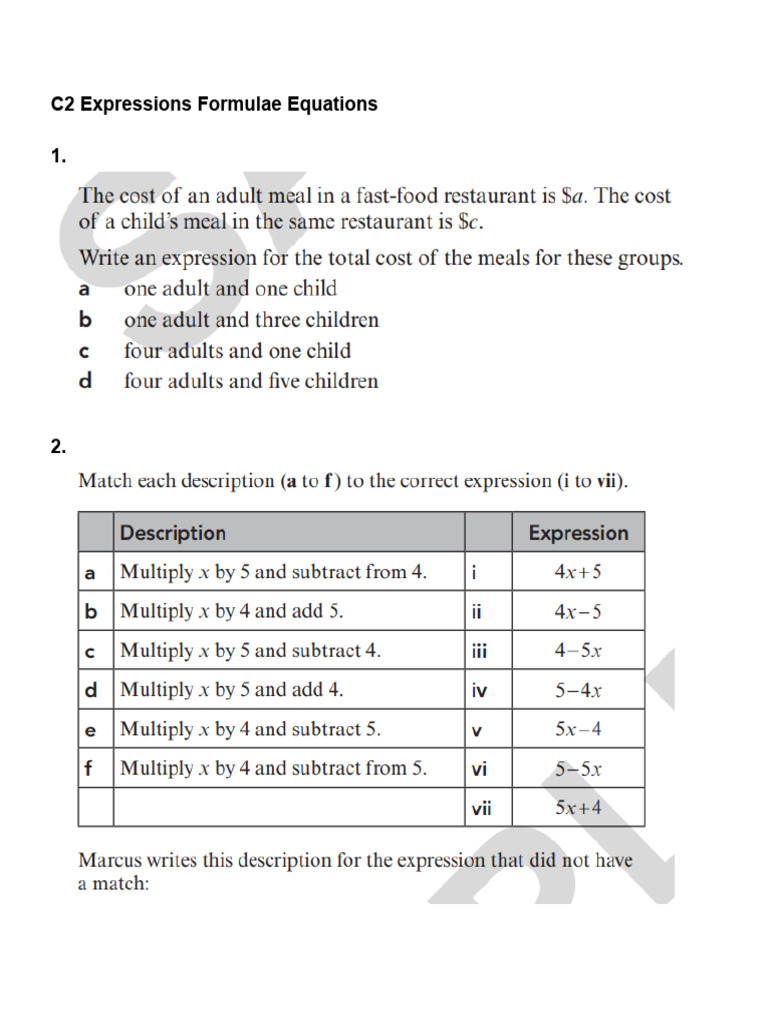 Year 7 Math C2 Expressions Formulae Equations | PDF