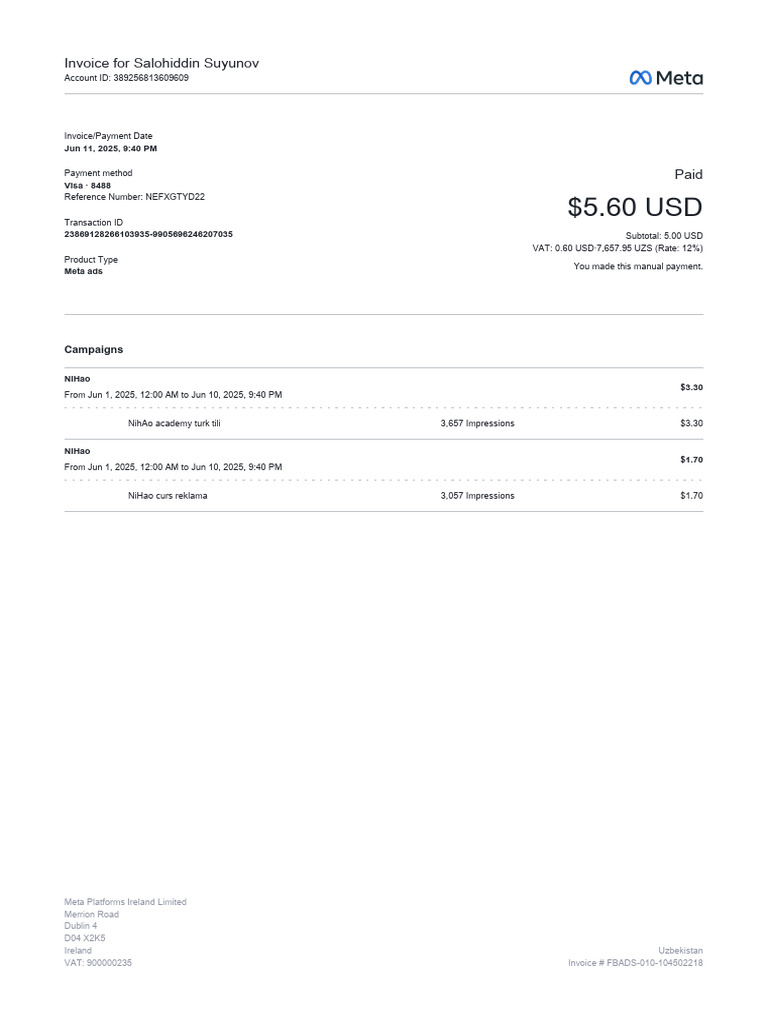 Invoice for Meta Ads Payment | PDF | Invoice | Services (Economics)