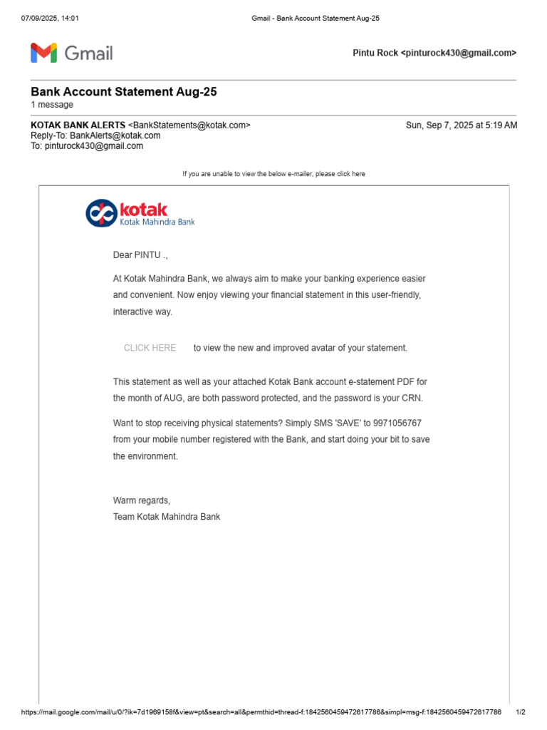 Bank Account Statement Aug-25: 1 Message | PDF