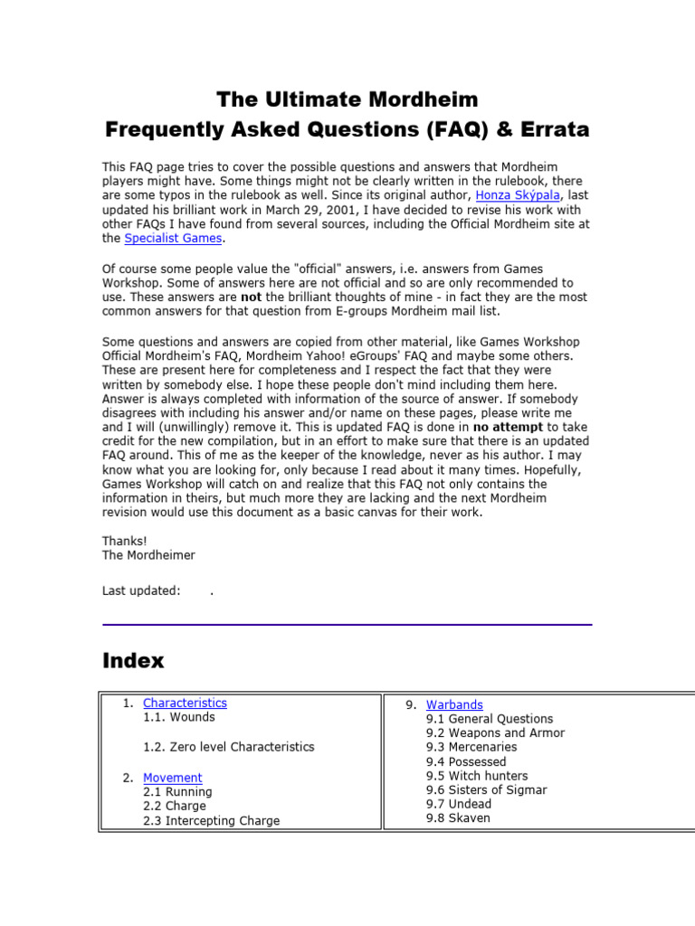 Mordheim FAQ & Errata Guide | PDF | Pistol | Magician (Fantasy)