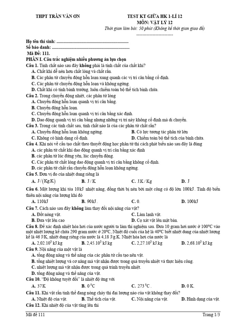 Test Giua Ki 1 - Khoi 12 | PDF