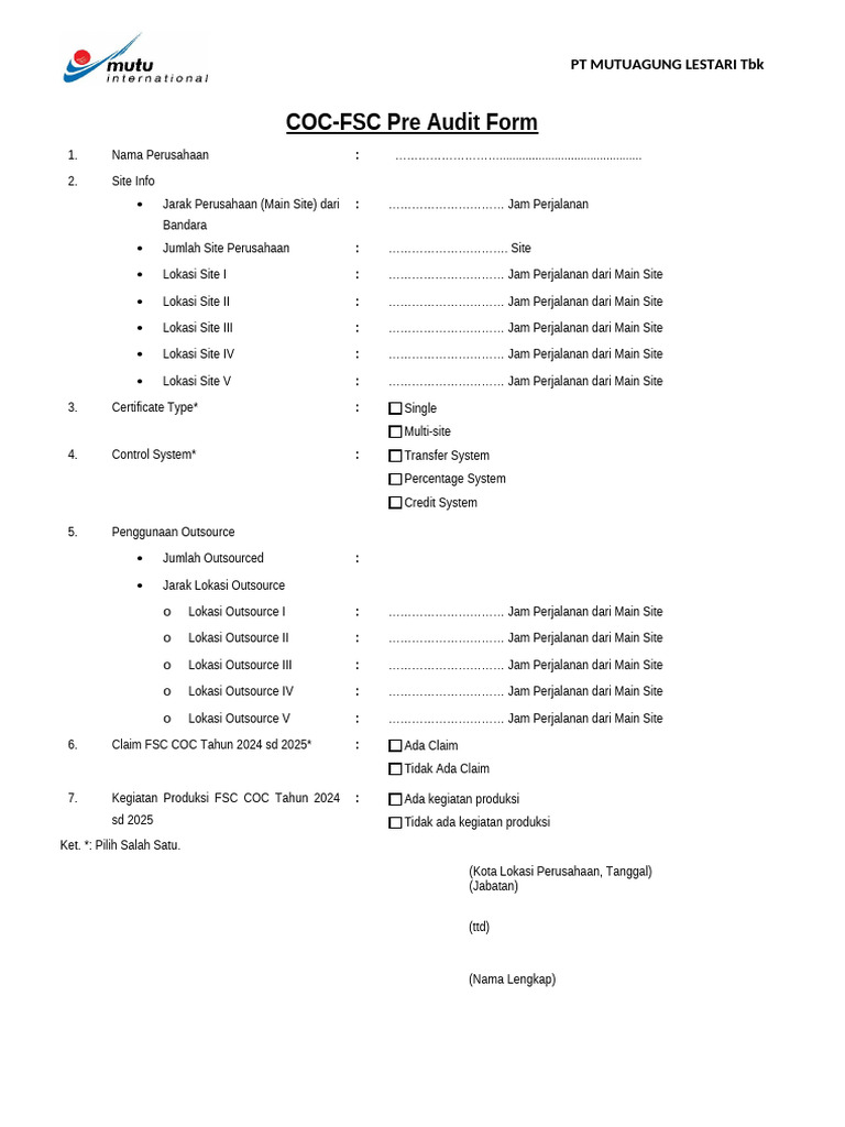 Formulir Pra Audit COC-FSC 2024-2025 | PDF